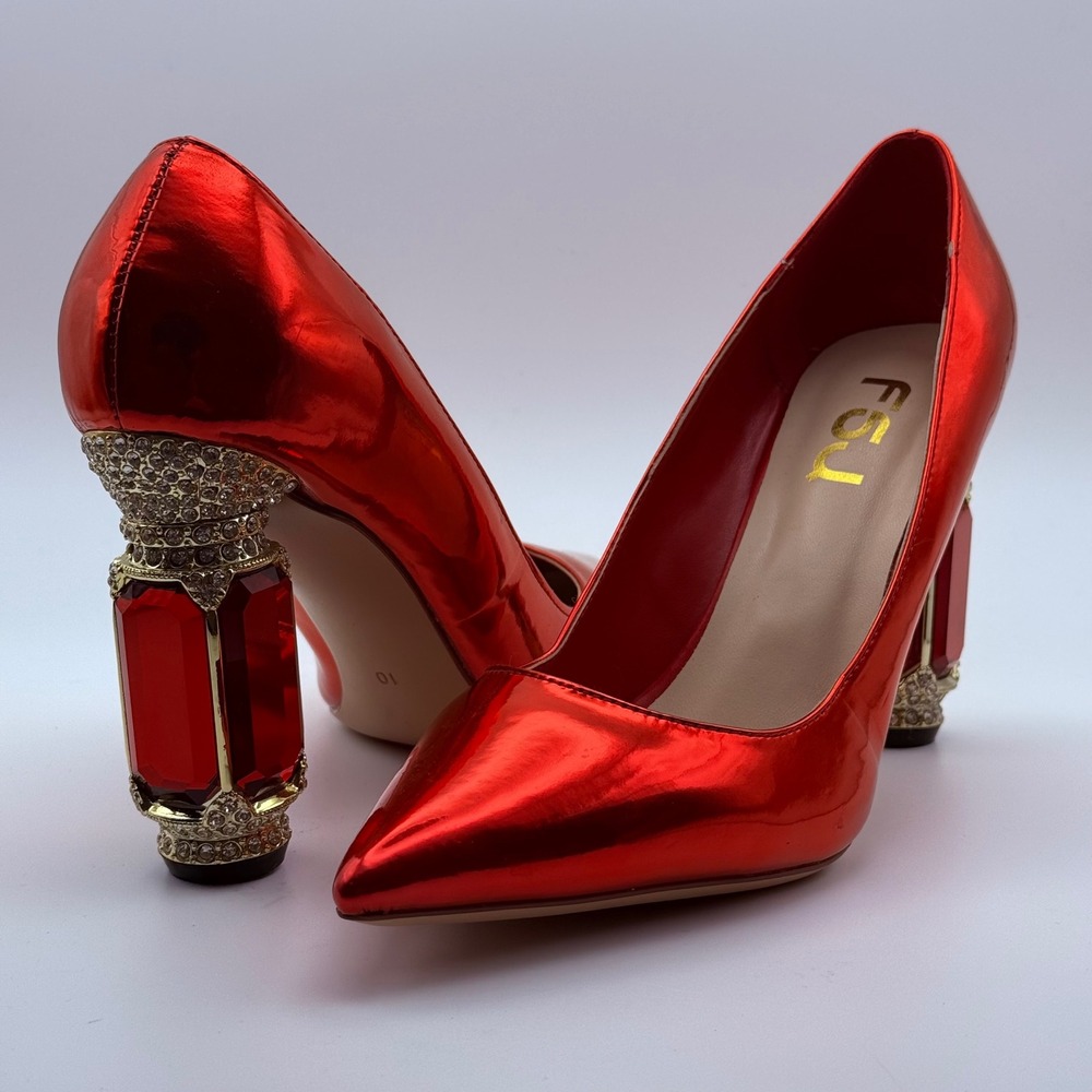 FSJ Red Metallic Jeweled Block Heel Pointed Toe Pumps Size 10 Statement Heels
